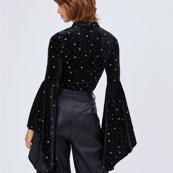 CIDER Black Velvet Star Pattern Bell Sleeve Crop Top with Cutout - Picture 6 of 7